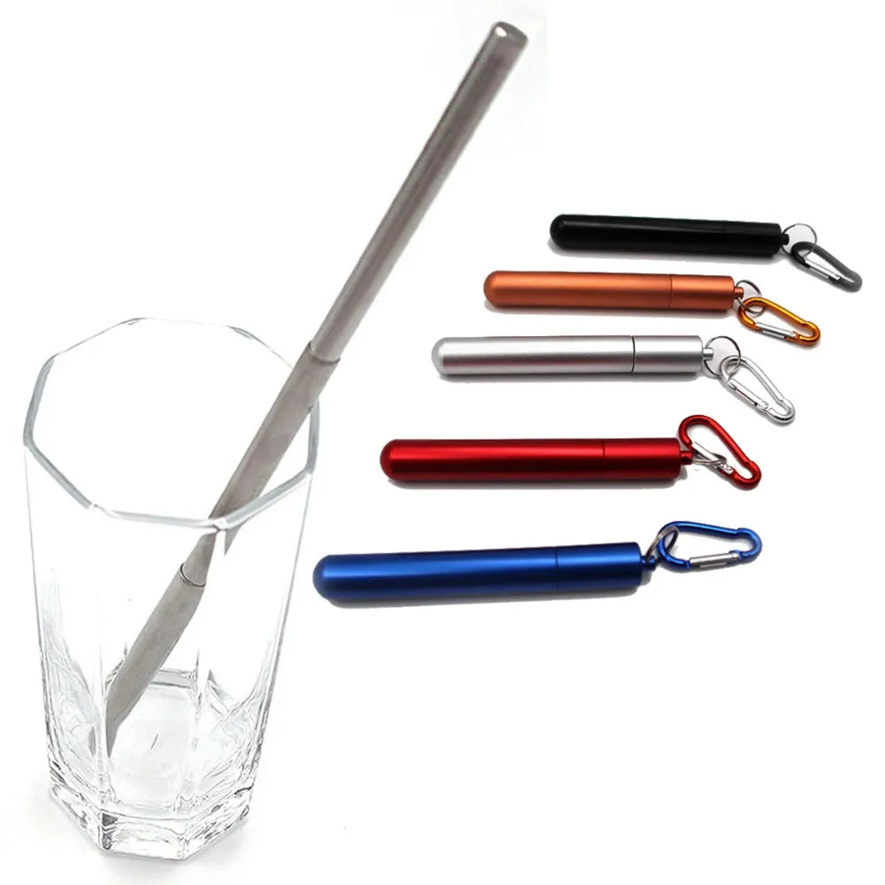 Portable Reusable Telescopic Stainless Steel Metal Straw With Cleaning Brush and Travel Case