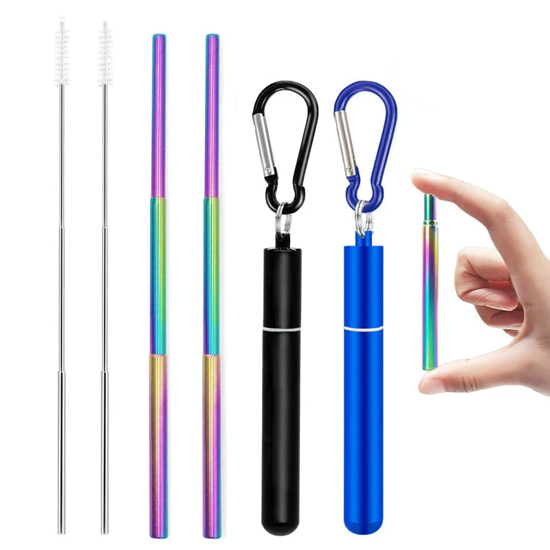 Portable Reusable Telescopic Stainless Steel Metal Straw With Cleaning Brush and Travel Case