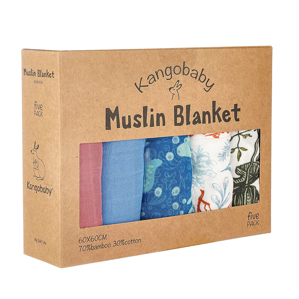 Kangobaby -My Soft Life- 5pieces Set Bamboo Cotton Swaddle Blanket Baby Bandana Bib Set