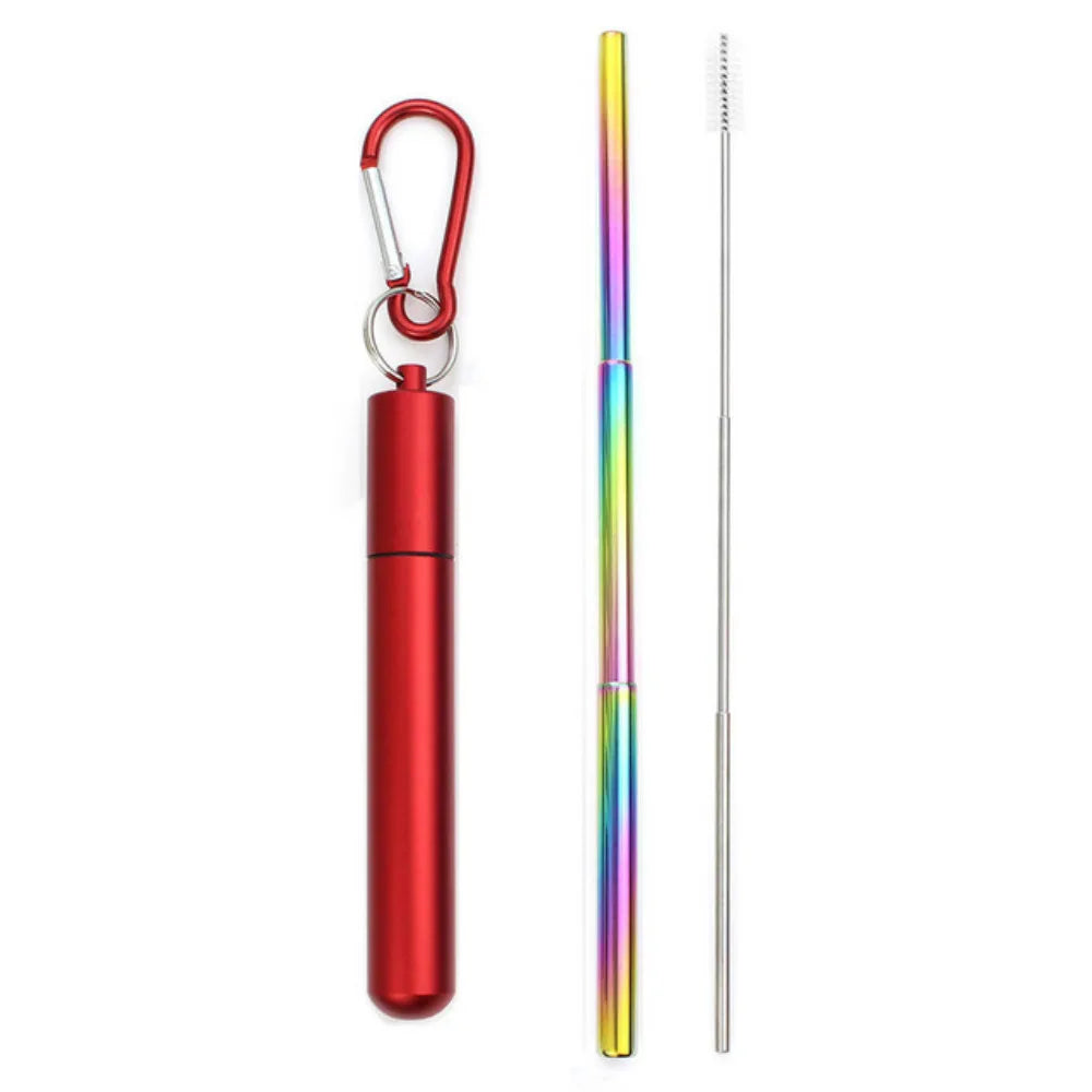 Portable Reusable Telescopic Stainless Steel Metal Straw With Cleaning Brush and Travel Case