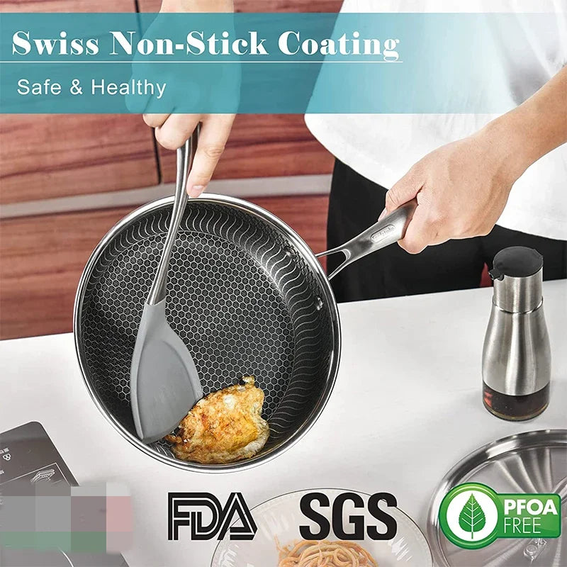 Stainless Steel Frying Pan Nonstick Honeycomb Fry Pan With Lid Induction Ceramic Electric Gas Cooktops Compatible
