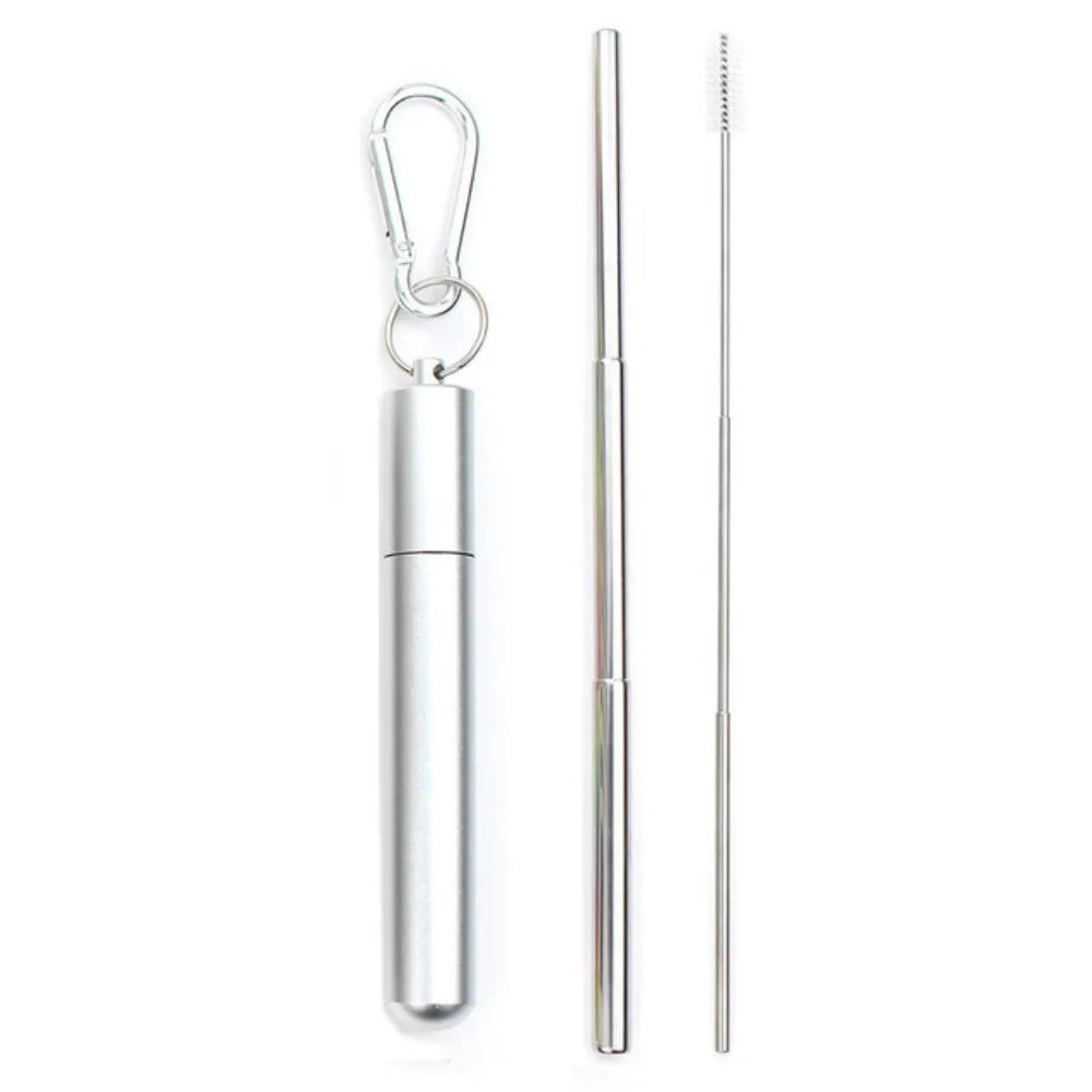 Portable Reusable Telescopic Stainless Steel Metal Straw With Cleaning Brush and Travel Case