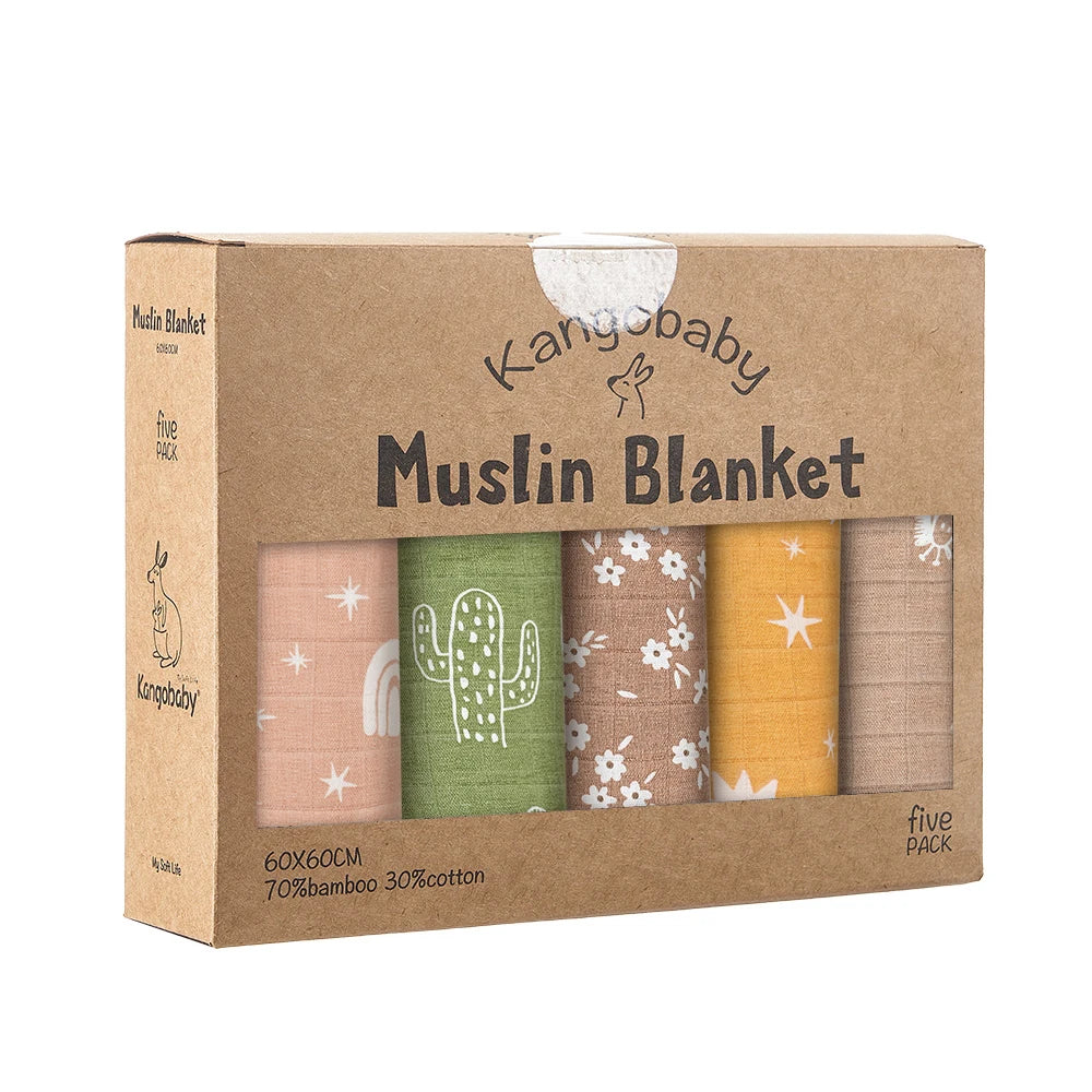 Kangobaby -My Soft Life- 5pieces Set Bamboo Cotton Swaddle Blanket Baby Bandana Bib Set