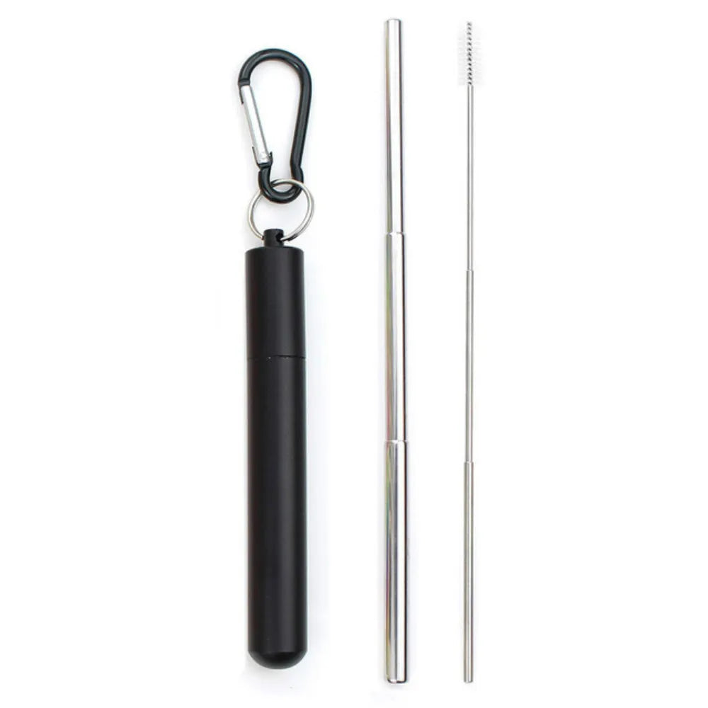 Portable Reusable Telescopic Stainless Steel Metal Straw With Cleaning Brush and Travel Case