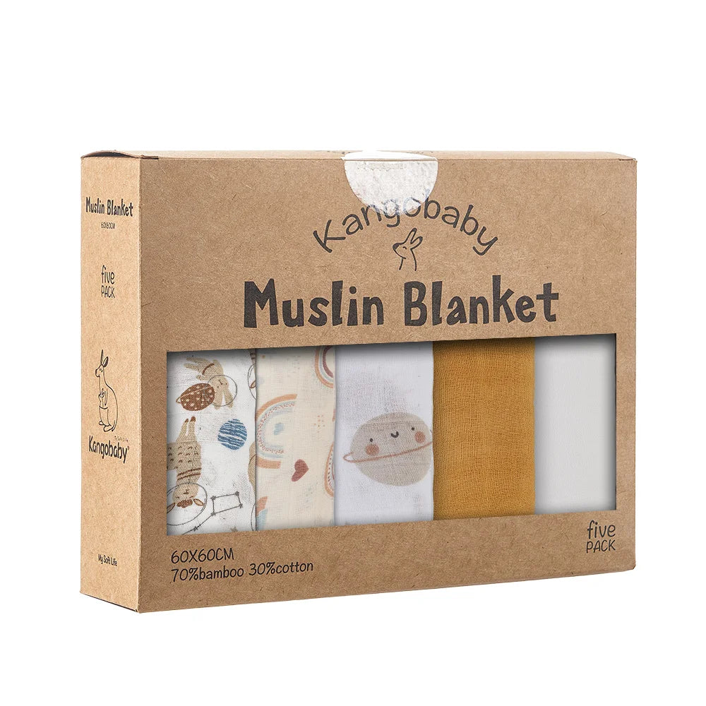 Kangobaby -My Soft Life- 5pieces Set Bamboo Cotton Swaddle Blanket Baby Bandana Bib Set