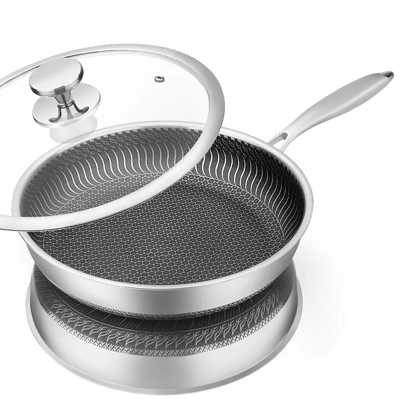 Stainless Steel Frying Pan Nonstick Honeycomb Fry Pan With Lid Induction Ceramic Electric Gas Cooktops Compatible