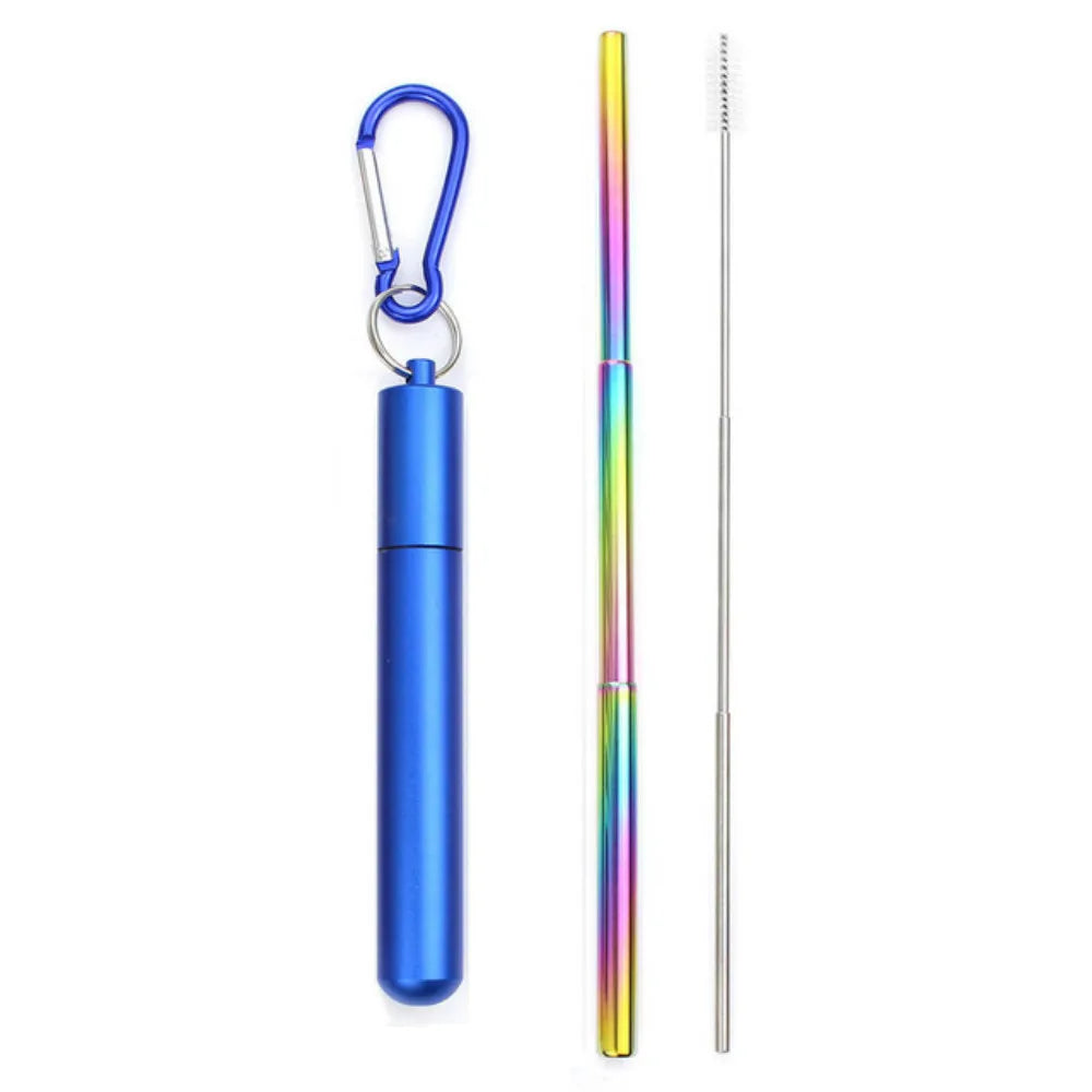 Portable Reusable Telescopic Stainless Steel Metal Straw With Cleaning Brush and Travel Case