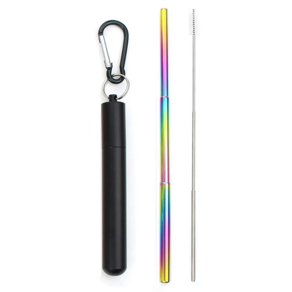 Portable Reusable Telescopic Stainless Steel Metal Straw With Cleaning Brush and Travel Case