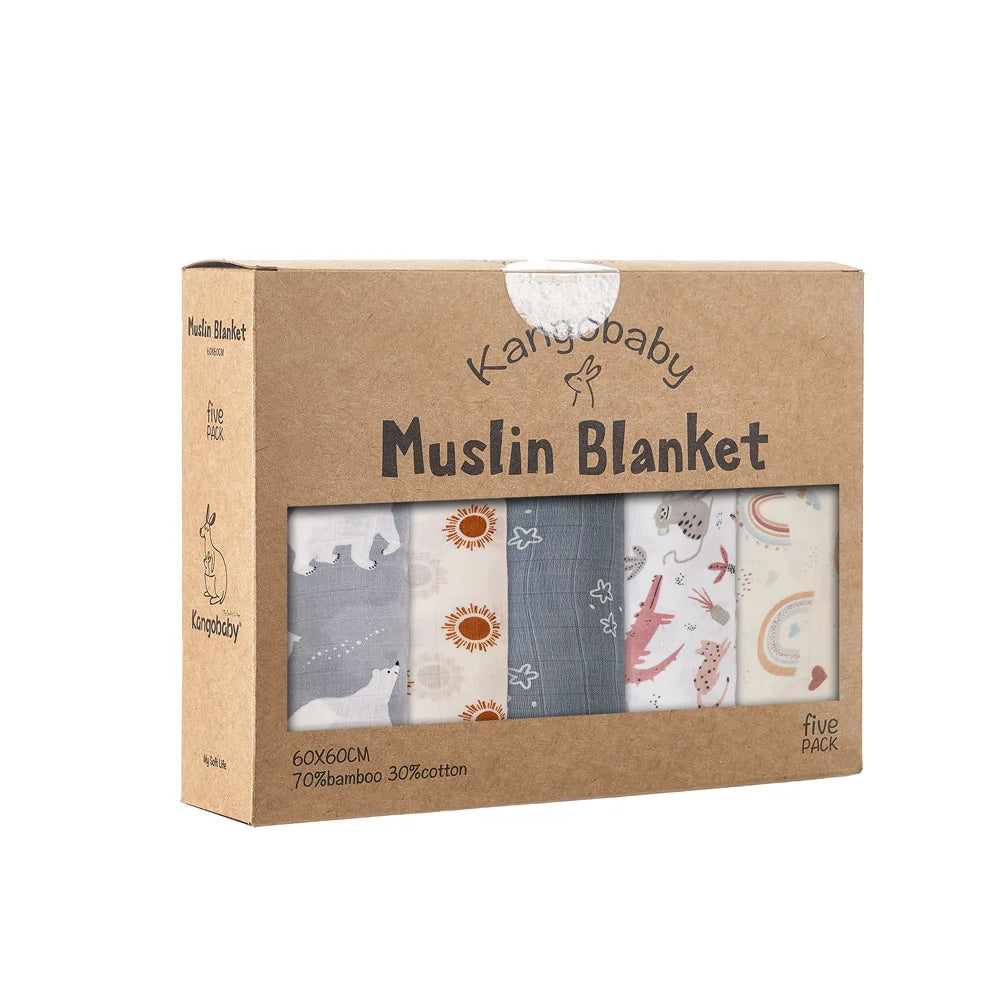 Kangobaby -My Soft Life- 5pieces Set Bamboo Cotton Swaddle Blanket Baby Bandana Bib Set