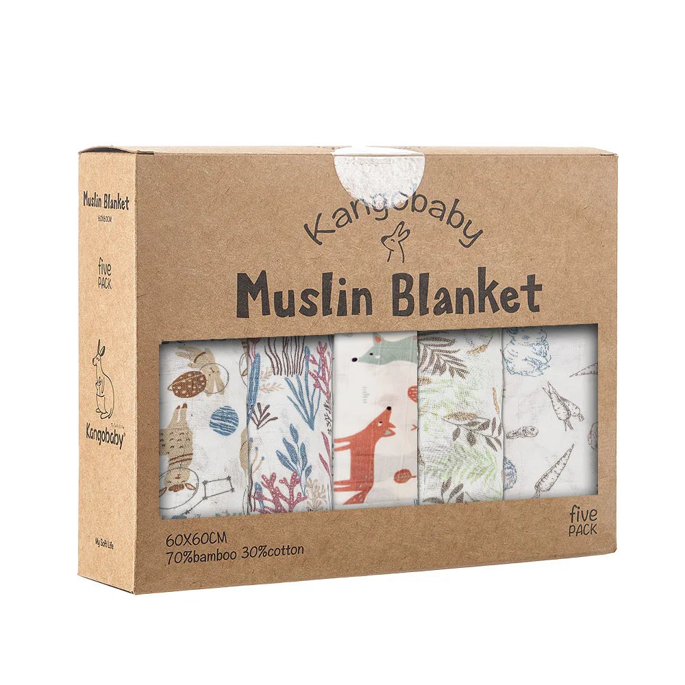Kangobaby -My Soft Life- 5pieces Set Bamboo Cotton Swaddle Blanket Baby Bandana Bib Set