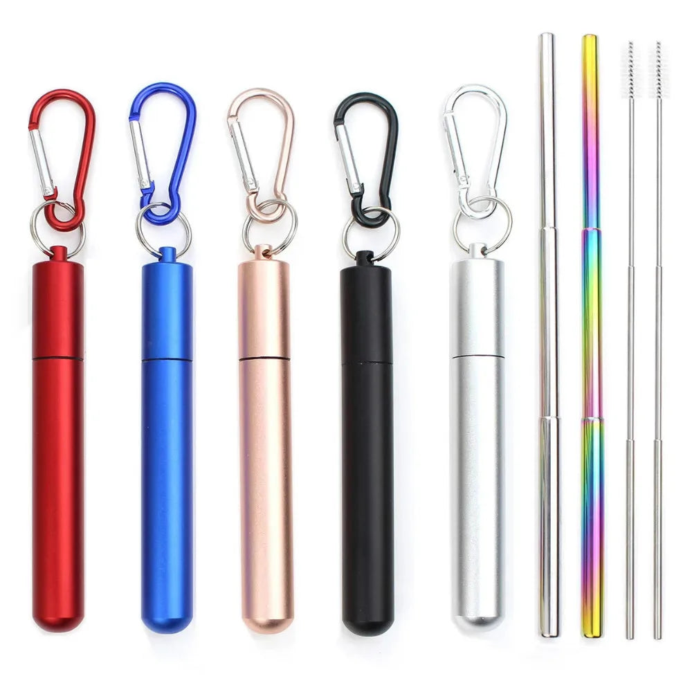 Portable Reusable Telescopic Stainless Steel Metal Straw With Cleaning Brush and Travel Case