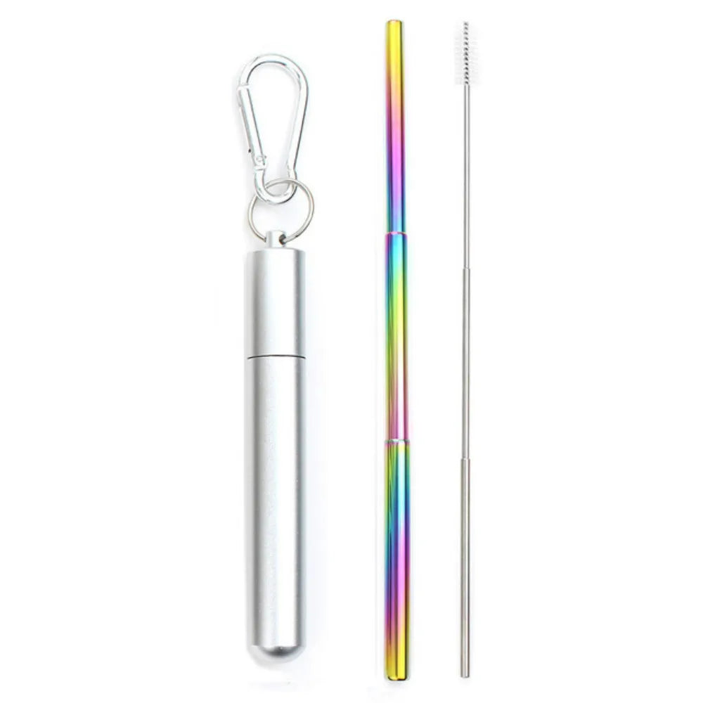 Portable Reusable Telescopic Stainless Steel Metal Straw With Cleaning Brush and Travel Case