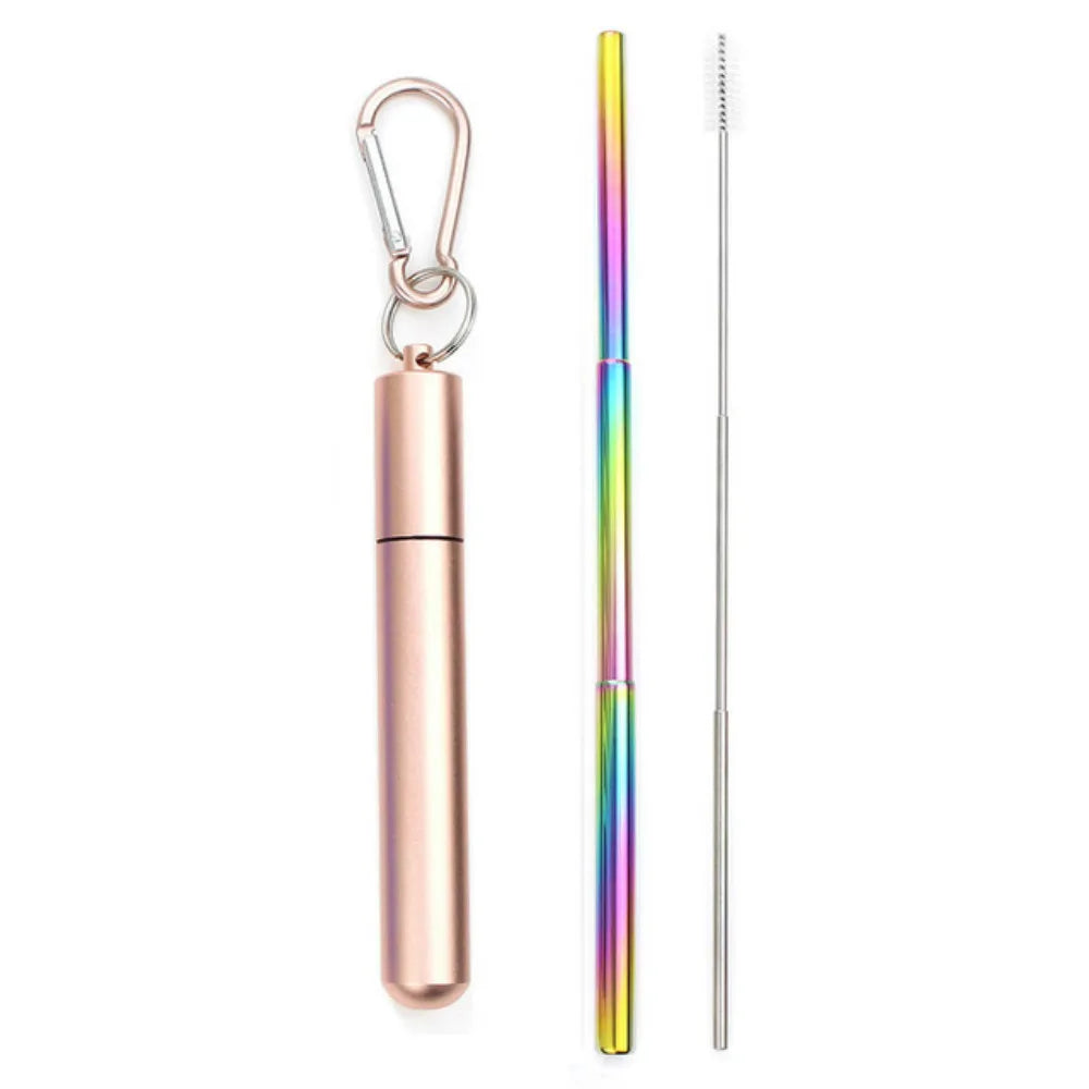 Portable Reusable Telescopic Stainless Steel Metal Straw With Cleaning Brush and Travel Case