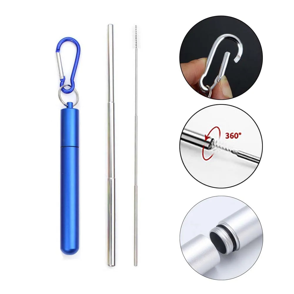 Portable Reusable Telescopic Stainless Steel Metal Straw With Cleaning Brush and Travel Case