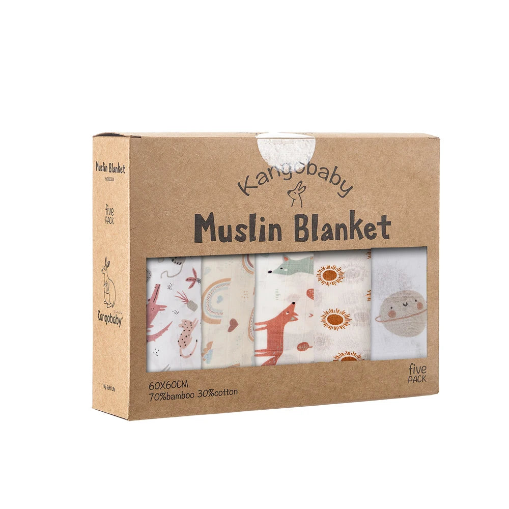 Kangobaby -My Soft Life- 5pieces Set Bamboo Cotton Swaddle Blanket Baby Bandana Bib Set