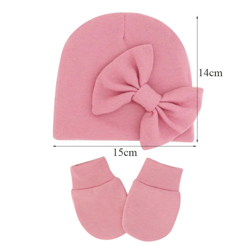 2Pcs Newborn Hat & Gloves Princess Set - Big Bow Baby Girl