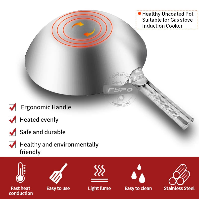 Stainless Steel Wok 1.8mm Thick High Quality Chinese Handmade Wok Traditional Non Stick