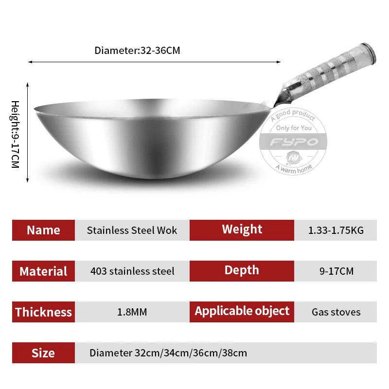 Stainless Steel Wok 1.8mm Thick High Quality Chinese Handmade Wok Traditional Non Stick