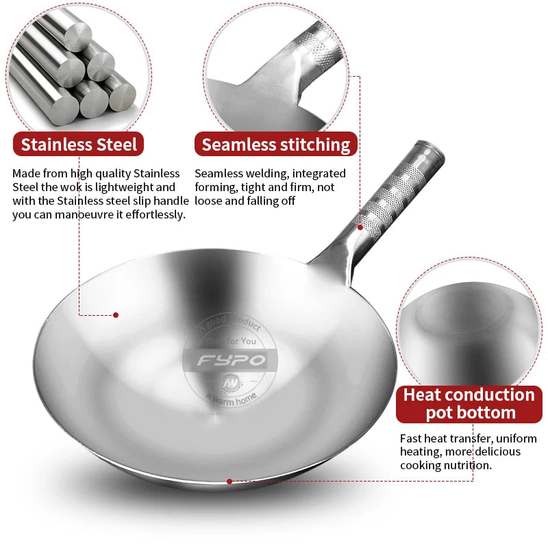 Stainless Steel Wok 1.8mm Thick High Quality Chinese Handmade Wok Traditional Non Stick