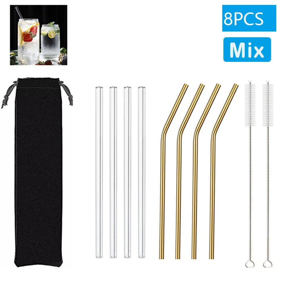 Multipack Glass and Metal Straws with Brushes Eco Friendly Reusable