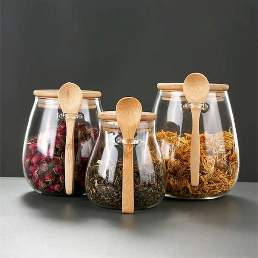 Airtight Glass Jar Pots for Kitchen and Food Storage with Decanting Spoon