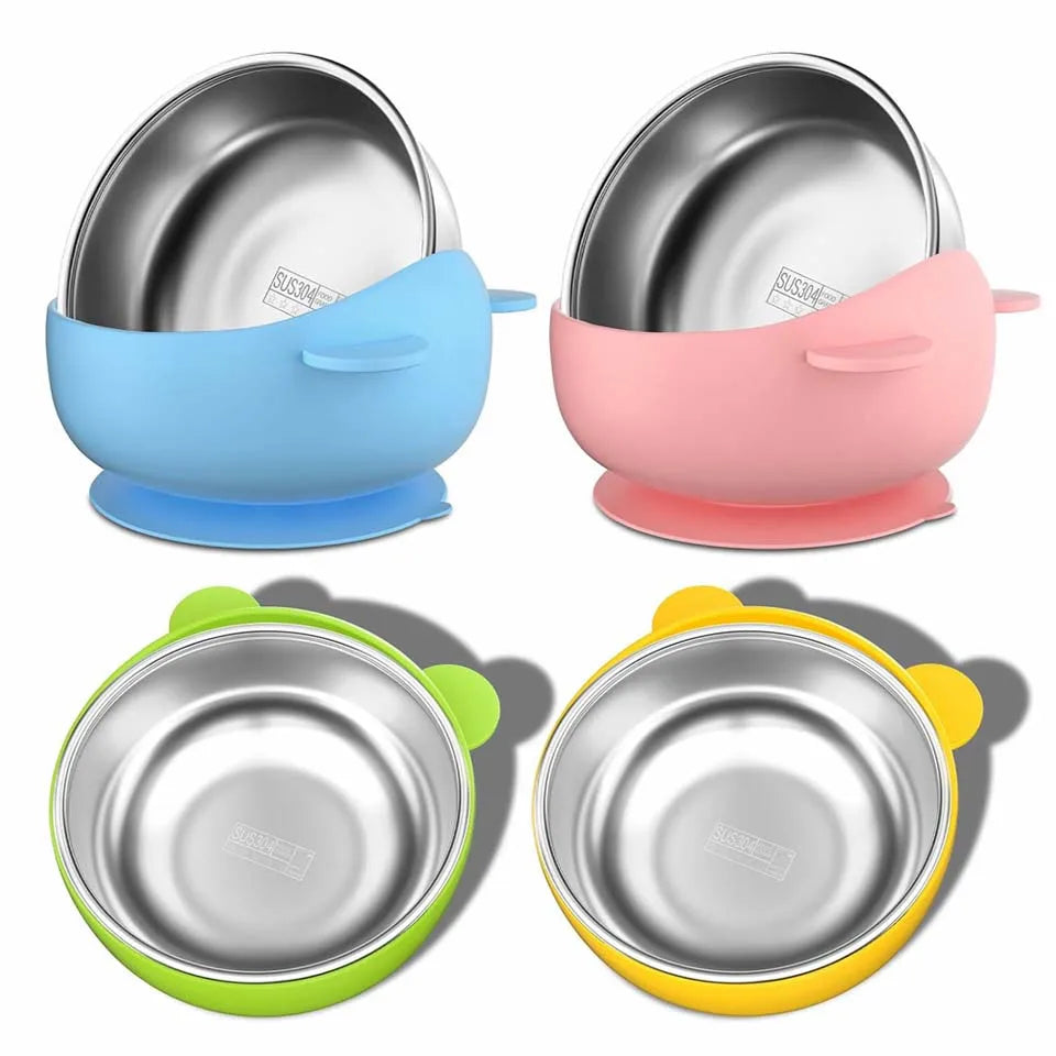 2 In 1 Silicone Stainless Steel Bowl - Baby Self Feeding Bowl Training Bear Bowl- Silicone Sucker Bowl