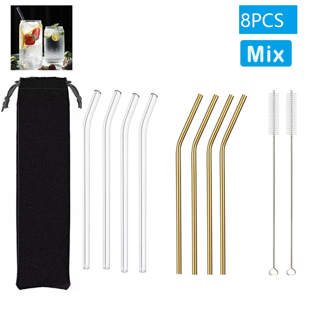 Multipack Glass and Metal Straws with Brushes Eco Friendly Reusable