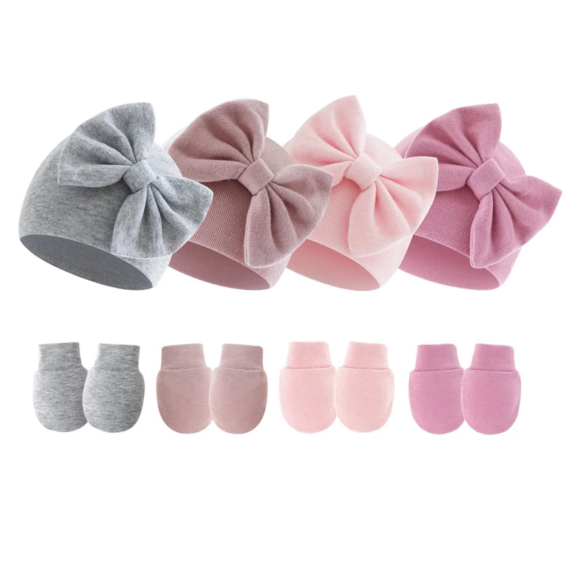 2Pcs Newborn Hat & Gloves Princess Set - Big Bow Baby Girl