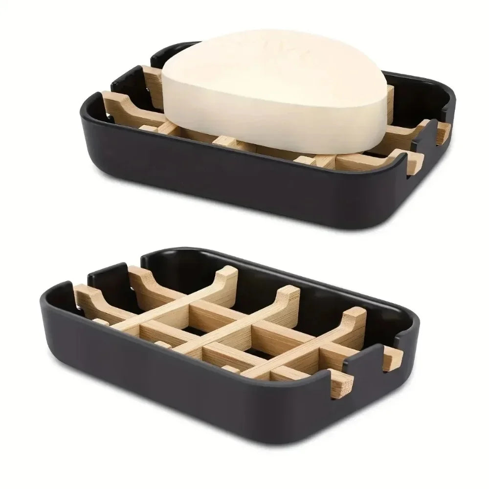 Soap Dish with Handcrafted Wooden Holder & Tray for Bathroom Storage