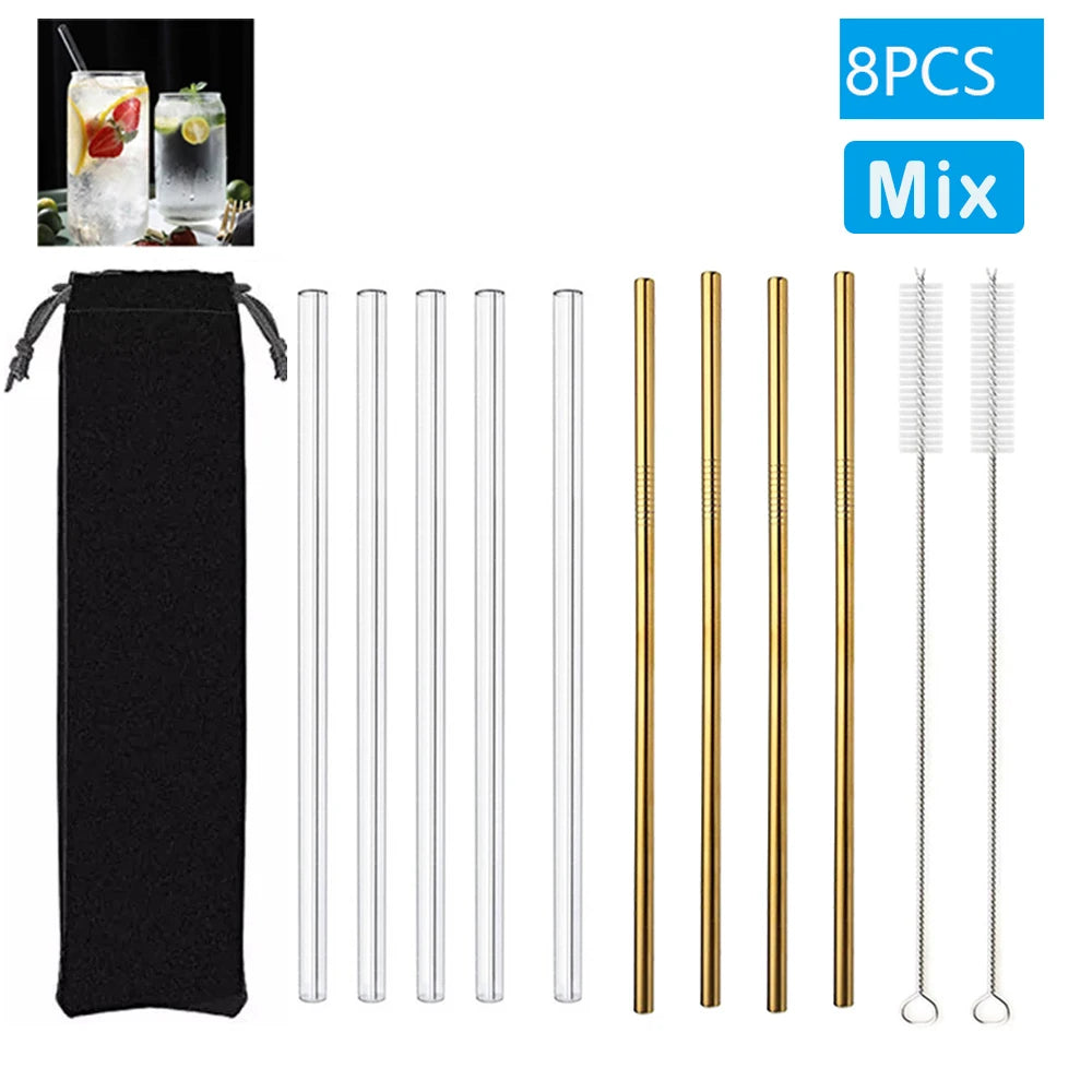 Multipack Glass and Metal Straws with Brushes Eco Friendly Reusable
