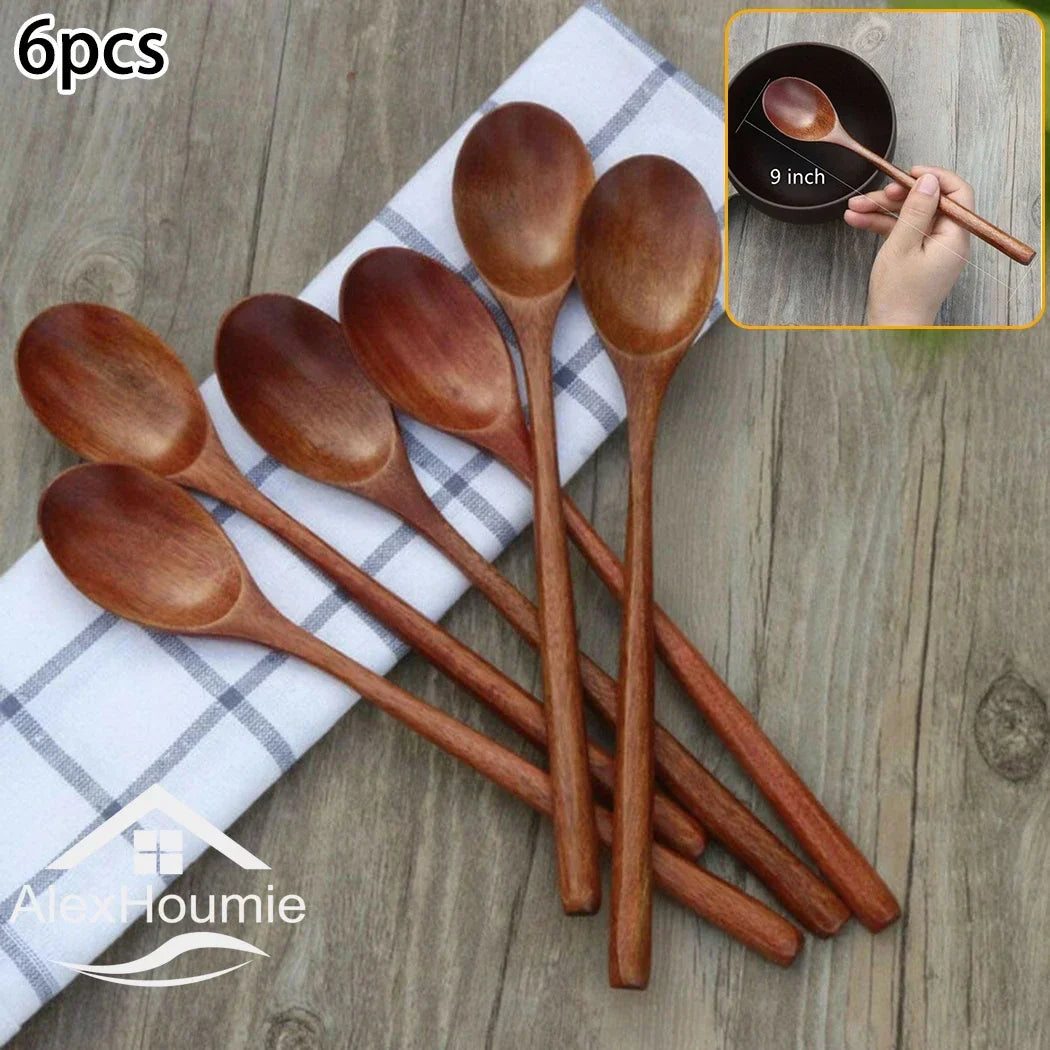 6 Piece Wooden Spoon Bamboo Kitchen Korean Style 9 '' Inch Natural Wood Soup Tableware