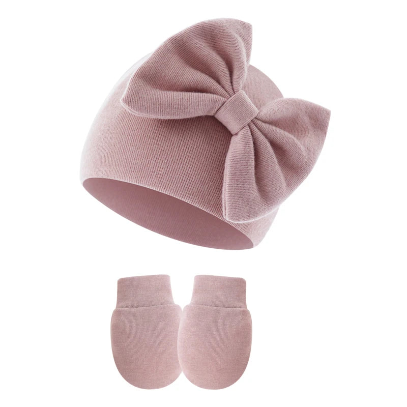 2Pcs Newborn Hat & Gloves Princess Set - Big Bow Baby Girl