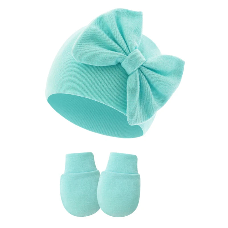 2Pcs Newborn Hat & Gloves Princess Set - Big Bow Baby Girl