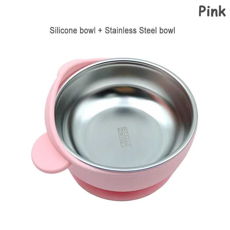 2 In 1 Silicone Stainless Steel Bowl - Baby Self Feeding Bowl Training Bear Bowl- Silicone Sucker Bowl