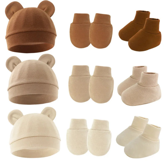 3Pcs Bonnet set Hat Gloves Socks Soft Cotton for Newborn Baby