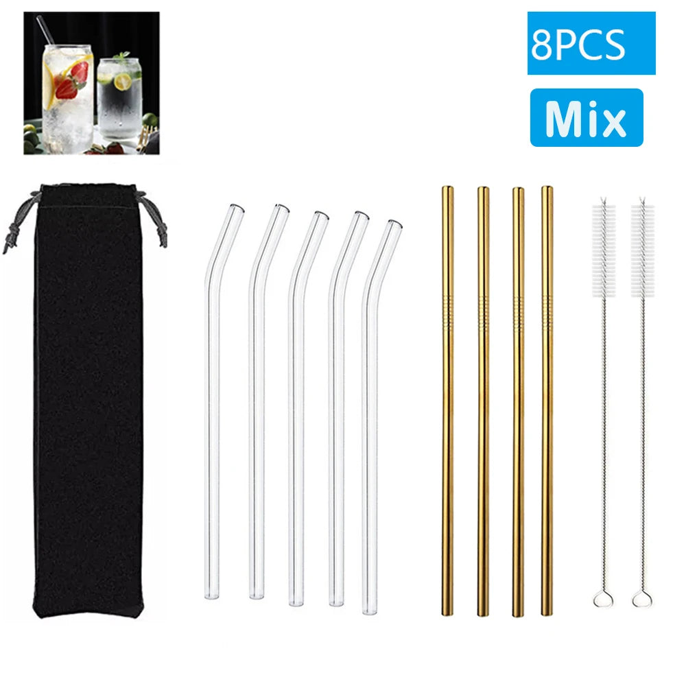 Multipack Glass and Metal Straws with Brushes Eco Friendly Reusable