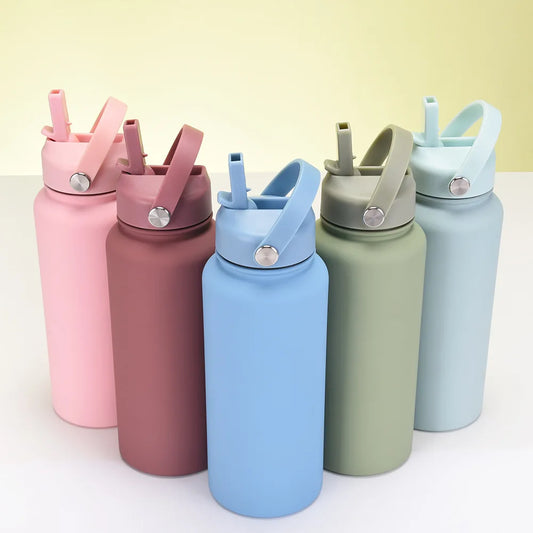 1L Large Capacity Vacuum Flask With Handle And Straw Stainless Steel