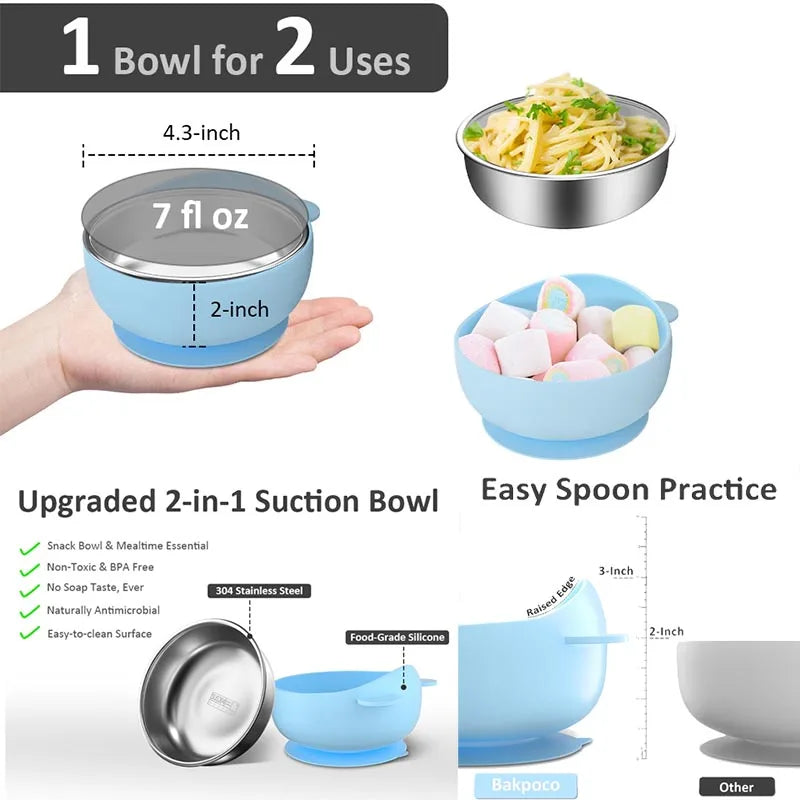 2 In 1 Silicone Stainless Steel Bowl - Baby Self Feeding Bowl Training Bear Bowl- Silicone Sucker Bowl