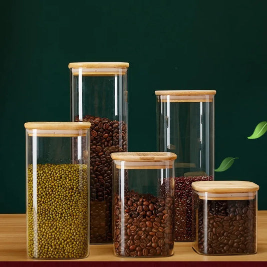 Square Glass Storage Jars with Bamboo Lid for Coffee Beans Grains Noodles Spices Herbs Lollies Snacks