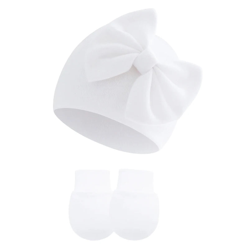 2Pcs Newborn Hat & Gloves Princess Set - Big Bow Baby Girl