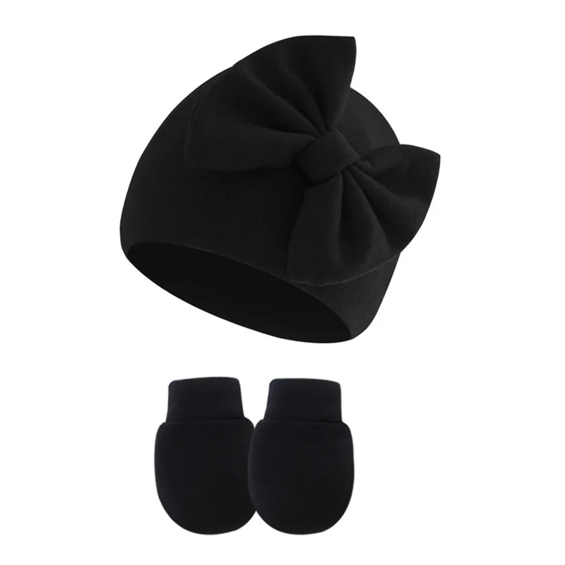 2Pcs Newborn Hat & Gloves Princess Set - Big Bow Baby Girl