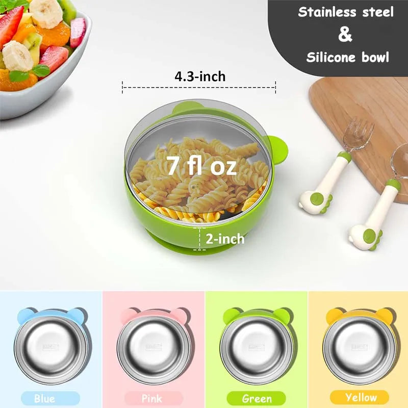 2 In 1 Silicone Stainless Steel Bowl - Baby Self Feeding Bowl Training Bear Bowl- Silicone Sucker Bowl