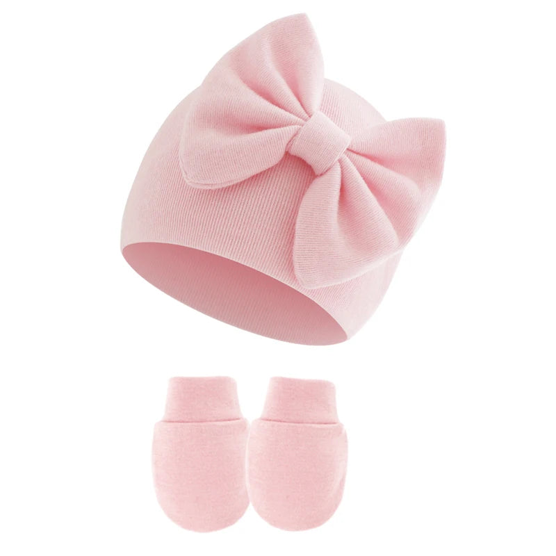 2Pcs Newborn Hat & Gloves Princess Set - Big Bow Baby Girl
