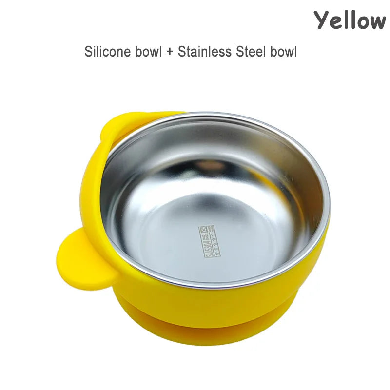 2 In 1 Silicone Stainless Steel Bowl - Baby Self Feeding Bowl Training Bear Bowl- Silicone Sucker Bowl
