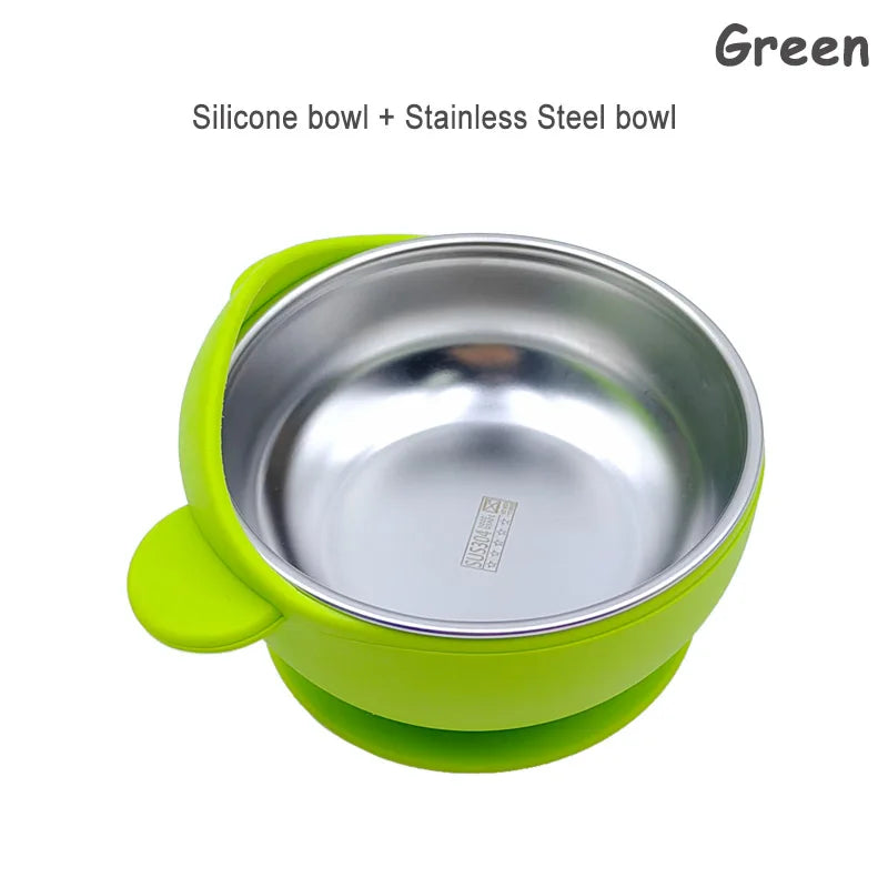 2 In 1 Silicone Stainless Steel Bowl - Baby Self Feeding Bowl Training Bear Bowl- Silicone Sucker Bowl