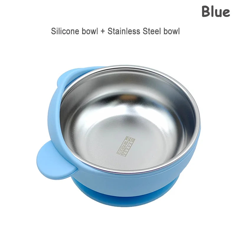 2 In 1 Silicone Stainless Steel Bowl - Baby Self Feeding Bowl Training Bear Bowl- Silicone Sucker Bowl