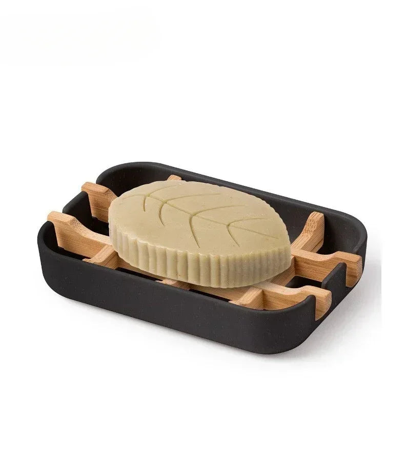 Soap Dish with Handcrafted Wooden Holder & Tray for Bathroom Storage