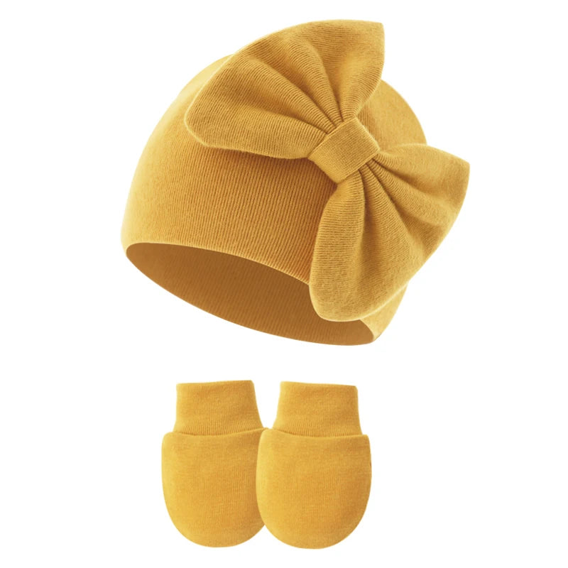 2Pcs Newborn Hat & Gloves Princess Set - Big Bow Baby Girl
