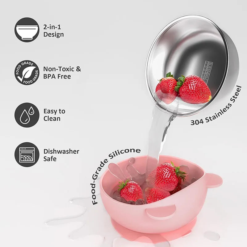 2 In 1 Silicone Stainless Steel Bowl - Baby Self Feeding Bowl Training Bear Bowl- Silicone Sucker Bowl