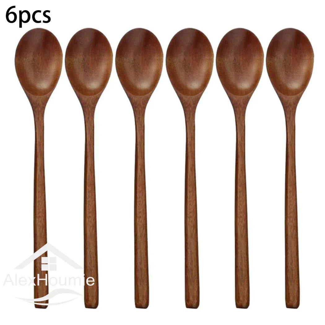 6 Piece Wooden Spoon Bamboo Kitchen Korean Style 9 '' Inch Natural Wood Soup Tableware